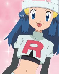 Rule 34 | 1girl, beanie, black gloves, black shirt, closed mouth, commentary, cosplay, creatures (company), cropped jacket, dawn (pokemon), elbow gloves, game freak, gloves, hair ornament, hairclip, hat, jacket, jessie (pokemon), jessie (pokemon) (cosplay), jiffy0v0, long hair, looking at viewer, midriff, navel, nintendo, pink background, pokemon, pokemon (anime), pokemon dppt (anime), shirt, sidelocks, smile, solo, team rocket, team rocket uniform, tongue, tongue out, upper body, white hat, white jacket