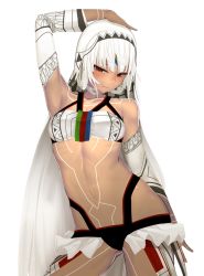 Rule 34 | 10s, 1girl, altera (fate), arm at side, arm up, bare shoulders, blunt bangs, blush, breasts, closed mouth, contrapposto, cowboy shot, dark-skinned female, dark skin, fate/extra, fate/grand order, fate (series), i-pan, legs apart, looking at viewer, navel, pants, red eyes, short hair, simple background, small breasts, solo, standing, tattoo, veil, white background, white hair