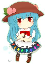 Rule 34 | 1girl, blue hair, blush, bow, chibi, female focus, food, fruit, hat, hinanawi tenshi, long hair, looking at viewer, peach, red eyes, rei (tonbo0430), simple background, solo, touhou, white background