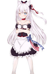 Rule 34 | absurdres, alternate costume, animal ears, azur lane, bad id, bad pixiv id, blue eyes, blush, breasts, collarbone, crossed arms, hammann (azur lane), highres, long hair, looking at viewer, small breasts, solo, tsundere, white background, white legwear