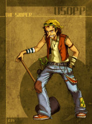 Rule 34 | 1boy, bandana, character name, denim, full body, goggles, hammer, hand in pocket, jeans, male focus, one piece, pants, smile, solo, standing, usopp