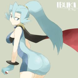 Rule 34 | 00s, 1girl, artist name, ass, bad id, bad twitter id, blue eyes, blue gloves, blue hair, cape, character name, clair (pokemon), creatures (company), from behind, game freak, gloves, gym leader, hair between eyes, high ponytail, holding, holding poke ball, jewelry, leotard, long hair, looking back, matching hair/eyes, nintendo, pendant, poke ball, pokemon, pokemon hgss, shigino sohuzi, simple background, sleeveless, solo, unitard