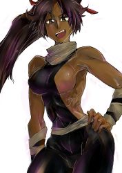 Rule 34 | 1girl, absurdres, bleach, breasts, brown hair, dark-skinned female, dark skin, female focus, gradient background, hands on own hips, highres, large breasts, long hair, ma (pixiv1936865), open mouth, shihouin yoruichi, sideboob, skin tight, solo, very dark skin, white background, yellow eyes