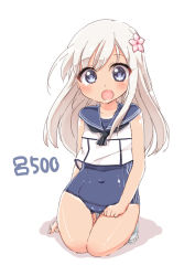 Rule 34 | 10s, 1girl, blonde hair, covered navel, crop top, flower, hair flower, hair ornament, kantai collection, long hair, one-piece swimsuit, ro-500 (kancolle), sailor collar, school swimsuit, seiza, sitting, standing, swimsuit, swimsuit under clothes, tan, tanline, yukari yukke
