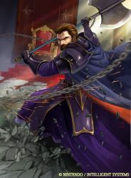 Rule 34 | 1boy, artist name, axe, back, beard, brown eyes, brown hair, cape, chain, company name, douglas (fire emblem), facial hair, fire emblem, fire emblem: the binding blade, fire emblem cipher, gauntlets, gloves, male focus, manly, mustache, nintendo, official art, rock, soeda ippei, solo, throne, weapon