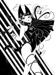 Rule 34 | 1girl, :3, andaerz, animal ears, binary, bracelet, breasts, cat ears, cat girl, cat tail, commentary, covered navel, from side, highres, holding, holding sword, holding weapon, jewelry, leotard, long hair, looking at viewer, monochrome, open mouth, original, solo, standing, strapless, strapless leotard, sword, tail, weapon