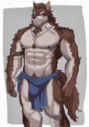 Rule 34 | 1boy, abs, animal ears, bad id, bad weibo id, bara, blue eyes, brown fur, bulge, chest hair, clothes around waist, feet out of frame, furry, furry male, highres, jewelry, large pectorals, looking at another, male focus, muscular, muscular male, navel, navel hair, necklace, nipples, original, pectorals, pelvic curtain, short hair, smirk, solo, stomach, tail, tekkowang, thick eyebrows, thighs, topless male, wolf boy, wolf ears, wolf tail