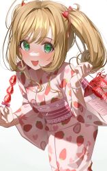 Rule 34 | 1girl, absurdres, ahoge, bag, bead bracelet, beads, blush, bow, bracelet, breasts, brown hair, brown sash, candy, dot nose, food, food print, green eyes, hair bow, hair ribbon, highres, holding, holding bag, holding candy, holding food, idolmaster, idolmaster cinderella girls, idolmaster cinderella girls starlight stage, japanese clothes, jewelry, kimono, large breasts, long hair, long sleeves, looking at viewer, ningen mame, obi, open mouth, print kimono, red ribbon, ribbon, sash, sato shin, simple background, smile, solo, strawberry print, twintails, white background, wide sleeves