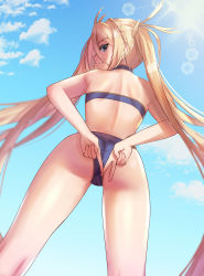 Rule 34 | 1girl, absurdres, ass, back, bare arms, bare shoulders, bikini, blonde hair, blue bikini, blue eyes, blue sky, blurry, bradamante (fate), closed mouth, colored eyelashes, commentary request, crotch, day, depth of field, dolce (dolsuke), dutch angle, fate/grand order, fate (series), feet out of frame, female focus, from behind, from below, hair between eyes, highres, kneepits, legs apart, lens flare, long hair, looking at viewer, looking back, looking down, outdoors, profile, sky, smile, solo, standing, swimsuit, thighs, trefoil, tsurime, twintails, very long hair
