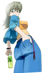Rule 34 | 00s, 1girl, absurdres, aqua eyes, ass, back, bottle, breasts, covered erect nipples, denim, denim jacket, drink, from behind, glasses, green tea, grey hair, highres, ishihama masashi, jacket, jeans, large breasts, long hair, looking back, midriff, non-web source, official art, open clothes, open jacket, orange shirt, pants, r.o.d the tv, read or die, shirt, simple background, sleeves rolled up, smile, solo, standing, striped clothes, striped shirt, sumiregawa nenene, tea, watch, wristwatch