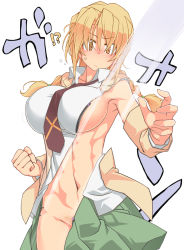 Rule 34 | 1girl, abs, black bra, blonde hair, blush, bra, breasts, closed mouth, fighting stance, green skirt, hair between eyes, highres, kaitou reiko, large breasts, light brown jacket, long hair, necktie, oteruko (wanabeee), pubic hair, red neckwear, school uniform, shirt, sideboob, skirt, surprised, tagme, the hand (stand), twintails, underwear, upper body, white shirt, yellow eyes