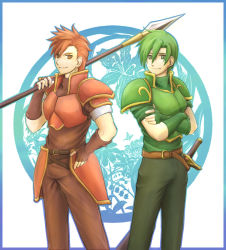Rule 34 | 2boys, abel (fire emblem), armor, bad id, bad pixiv id, belt, cain (fire emblem: shadow dragon), crossed arms, fingerless gloves, fire emblem, fire emblem: mystery of the emblem, fire emblem: shadow dragon and the blade of light, gloves, green armor, green eyes, green hair, hand on own hip, hip focus, male focus, multiple boys, nintendo, polearm, red eyes, red hair, spear, sword, weapon, yoshiyanmisoko