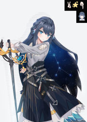 Rule 34 | 1girl, absurdres, arknights, armillary sphere, astesia (arknights), black skirt, blue eyes, blue hair, blush, cancer (constellation), celestial globe, commentary request, cowboy shot, grey background, grey shirt, hair intakes, highres, holding, holding sword, holding weapon, long hair, long sleeves, looking at viewer, rhine lab logo, shirt, simple background, skirt, solo, star (sky), star (symbol), sword, very long hair, weapon, xxdentera