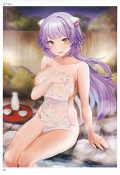 Rule 34 | 1girl, absurdres, animal ear fluff, animal ears, arm at side, artist name, bare shoulders, bath, border, breasts, bush, collarbone, covering privates, hand up, highres, large breasts, light purple hair, long hair, looking at viewer, maumen, naked towel, night, nude cover, onsen, original, outdoors, page number, parted lips, partially submerged, purple hair, rock, scan, sidelocks, sitting, smile, soaking feet, solo, steam, tail, tail raised, tiger ears, tiger girl, tiger tail, toranoana, towel, water, wet, white border, white towel, yellow eyes