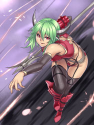 Rule 34 | 1girl, armor, black thighhighs, boots, breasts, detached sleeves, female focus, full body, garter straps, gradient background, green hair, horns, houtengeki, original, polearm, red eyes, short hair, smile, solo, spear, thighhighs, weapon