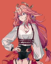 1girl adapted_costume animal_ears breasts buckle chest_harness cleavage cleavage_cutout clothing_cutout earrings floppy_ears fox_ears gem genshin_impact hair_between_eyes hair_ornament harness highres jewelry long_hair long_sleeves looking_to_the_side low-tied_long_hair medium_breasts nest_virgo pink_hair purple_eyes red_background shirt simple_background smile solo strap white_shirt wide_sleeves yae_miko