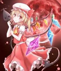 Rule 34 | 1girl, ascot, bad id, bad pixiv id, blonde hair, blush, bow, crystal, flandre scarlet, hat, laevatein, moon, night, night sky, puffy short sleeves, puffy sleeves, red eyes, red moon, ribbon, short hair, short sleeves, side ponytail, skirt, sky, smile, snowmi, solo, touhou, vest, wings