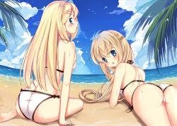 Rule 34 | 2girls, ass, beach, blonde hair, blue eyes, cloud, day, eyebrows, highres, jacknavy, lexington (warship girls r), long hair, looking at viewer, lying, multiple girls, ocean, on stomach, open mouth, outdoors, palm tree, saratoga (warship girls r), sitting, tree, warship girls r, white background