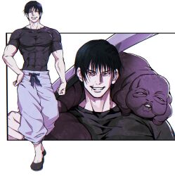 Rule 34 | 1boy, adrienwithane (ap00c), baggy pants, bara, black hair, contrapposto, covered abs, covered erect nipples, covered navel, full body, fushiguro touji, grin, hair between eyes, highres, jujutsu kaisen, large pectorals, looking at viewer, male focus, mature male, muscular, muscular male, over shoulder, pants, pectorals, projected inset, sanpaku, scar, scar on face, scar on mouth, shirt, short hair, smile, spirit, sword, sword over shoulder, taut clothes, taut shirt, weapon, weapon over shoulder