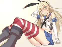 Rule 34 | 1girl, arm behind back, ass, black panties, blonde hair, blue skirt, breasts, elbow gloves, from below, gloves, highleg, highleg panties, horizontal-striped legwear, kantai collection, long hair, miniskirt, one eye closed, pallad, panties, school uniform, serafuku, shimakaze (kancolle), simple background, sitting, skirt, small breasts, smile, solo, striped clothes, striped thighhighs, thighhighs, underwear, white background, white gloves, yellow eyes