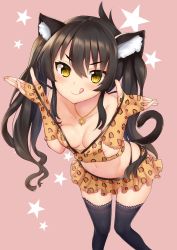 Rule 34 | 1girl, :q, animal ears, animal print, bare shoulders, black hair, black panties, black thighhighs, blouse, blush, breasts, cat ears, cat girl, cat tail, cleavage, closed mouth, collarbone, commentary request, crop top, elbow gloves, fingerless gloves, foreshortening, from above, gloves, hair between eyes, heart, heart necklace, highres, idolmaster, idolmaster cinderella girls, jewelry, kazuchi, kemonomimi mode, knees together feet apart, lace, lace-trimmed legwear, lace trim, leopard print, long hair, looking at viewer, looking up, matoba risa, medium breasts, microskirt, midriff, navel, necklace, panties, pink background, pleated skirt, print gloves, print shirt, print skirt, pulling own clothes, shirt, simple background, skirt, sleeveless, sleeveless shirt, smile, solo, spaghetti strap, standing, star (symbol), starry background, tail, thighhighs, tongue, tongue out, tsurime, twintails, underwear, v-shaped eyebrows, very long hair, yellow eyes