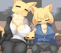 Rule 34 | 1boy, 2girls, :3, animal ears, black eyes, black pants, black pantyhose, black skirt, blonde hair, blue jacket, blush, breasts, briefcase, cleavage, closed eyes, closed mouth, colored skin, commentary request, covered erect nipples, feet out of frame, fox boy, fox ears, fox girl, fox tail, furry, furry female, furry male, highres, huge breasts, jacket, large breasts, lets0020, long hair, medium bangs, miniskirt, multiple girls, neck fur, no bra, office lady, open clothes, open jacket, open mouth, original, pants, pantyhose, pleated skirt, shirt, size difference, skirt, sleeping, sleeping on person, smile, tail, train interior, white shirt, yellow skin