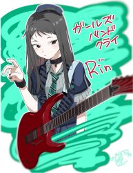 Rule 34 | 1girl, black choker, black eyes, black hair, black nails, blush, bracelet, character name, choker, closed mouth, collared shirt, commentary, copyright name, diagonal-striped clothes, diagonal-striped necktie, girls band cry, green necktie, grey shirt, guitar, highres, instrument, jewelry, long hair, looking at viewer, multicolored hair, nail polish, necktie, outline, rin (girls band cry), roots (hair), shirt, sidelocks, signature, solo, striped clothes, urushiyama yuuki (artist), v, voice actor connection, white outline