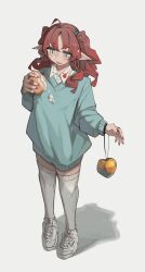 Rule 34 | 1girl, absurdres, ahoge, aqua eyes, arknights, blue sweater, blush, collared shirt, commentary, dress shirt, ear piercing, earrings, english commentary, food, food on clothes, full body, gyaru, hair between eyes, highres, holding, holding food, jewelry, long hair, long sleeves, multiple rings, myrtle (arknights), nail polish, open mouth, parted bangs, piercing, pink nails, pointy ears, red hair, ring, shadow, shirt, simple background, solo, sweater, teeth, thighhighs, togekk0, two side up, upper teeth only, white background, white footwear, white shirt, white thighhighs
