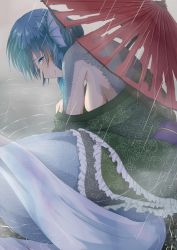 Rule 34 | 1girl, back, blue hair, breasts, broken, commentary request, fins, fish scales, fish tail, green kimono, head fins, highres, japanese clothes, kagami toufu, kimono, looking at viewer, medium breasts, mermaid, monster girl, no bra, rain, scales, short hair, solo, tail, touhou, umbrella, wakasagihime