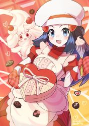 Rule 34 | 1girl, :d, alcremie, alcremie (strawberry sweet), apron, black hair, blue eyes, blush, box, chef hat, commentary request, creatures (company), dawn (palentine&#039;s 2021) (pokemon), dawn (pokemon), dress, eyelashes, game freak, gen 8 pokemon, hair ornament, hairclip, hat, heart, heart-shaped box, highres, holding, holding whisk, long hair, mittens, nintendo, official alternate costume, open mouth, orange (orangelv20), oven mitts, pokemon, pokemon (creature), pokemon masters ex, red dress, red mittens, ribbon, short sleeves, sidelocks, smile, tongue, valentine, whisk, white headwear