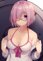 Rule 34 | 1girl, bare shoulders, black-framed eyewear, blush, bow, breasts, cleavage, collarbone, commentary request, fate/grand order, fate (series), front-tie top, glasses, hair over one eye, highres, large breasts, light purple hair, long sleeves, looking at viewer, mash kyrielight, mash kyrielight (swimsuit of perpetual summer), muryotaro, official alternate costume, one-piece swimsuit, pink bow, purple eyes, shield, short hair, smile, solo, sweatdrop, swimsuit, upper body, white one-piece swimsuit
