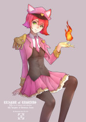 Rule 34 | 1girl, animal ears, annie (league of legends), fire, green eyes, hat, highres, league of legends, looking at viewer, magic, necktie, parted lips, pink hair, saramande, sitting, solo, thighhighs