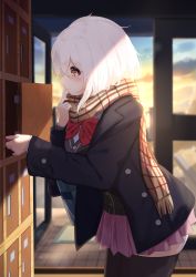 Rule 34 | 1girl, black jacket, black thighhighs, blurry, blurry background, blush, bow, bowtie, closed mouth, cloud, cloudy sky, enpera, highres, igayan, jacket, long sleeves, medium hair, miniskirt, open clothes, open jacket, original, pink skirt, plaid, plaid scarf, pleated skirt, red bow, red bowtie, scarf, school uniform, getabako, skirt, sky, smile, solo, thighhighs, valentine, white hair, yellow eyes