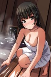 Rule 34 | 1girl, absurdres, bare arms, bare shoulders, barefoot, black hair, blush, breasts, brown eyes, cleavage, closed mouth, collarbone, highres, long hair, looking at viewer, matsunaga kouyou, medium breasts, naked towel, nose blush, original, smile, solo, squatting, tiptoes, towel, water