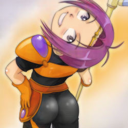 Rule 34 | 1boy, armor, ass, bodysuit, from above, gloves, grey eyes, grin, headband, looking at viewer, looking up, male focus, mushra, mushrambo, purple hair, shiny clothes, shiny skin, short hair, smile, solo, t jiroo (ringofriend)