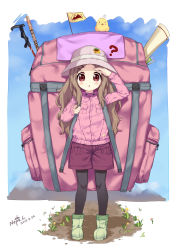 Rule 34 | 10s, 1girl, :o, ?, absurdres, animal, aoba kokona, arm up, backpack, bag, bird, black pantyhose, blue sky, blush, boots, brown hair, chick, cloud, commentary request, dated, day, flag, forehead, full body, green footwear, hair ornament, hairclip, hat, highres, jacket, long hair, long sleeves, mountain, neps-l, pantyhose, parted bangs, parted lips, path, pigeon-toed, pink hat, pink jacket, red eyes, red shorts, road, shading eyes, short shorts, shorts, signature, sky, sleeves past wrists, solo, standing, very long hair, yama no susume