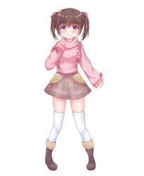 Rule 34 | 1girl, bad id, bad pixiv id, blush, brown footwear, brown hair, brown skirt, cheese salami, child, full body, hair ribbon, hand up, highres, looking at viewer, original, pink ribbon, pink shirt, purple eyes, ribbed sweater, ribbon, shirt, short hair, short twintails, skirt, smile, solo, standing, sweater, thighhighs, twintails, white thighhighs