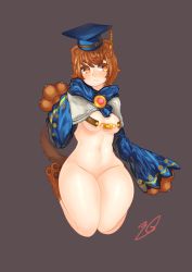 Rule 34 | 1girl, 3gs, :&lt;, animal ears, animal hands, bear ears, bear tail, belt bra, black background, blue hat, blush, bottomless, breasts, cape, cleavage, closed mouth, denka (elsword), elsword, eyelashes, groin, hat, highres, legs together, long sleeves, looking to the side, medium breasts, navel, personification, ringed eyes, seiza, short hair, simple background, sitting, sleeves past wrists, solo, stomach, tail, underboob