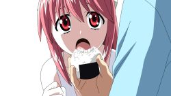 Rule 34 | 00s, 1girl, artist request, elfen lied, food, highres, horns, lucy (elfen lied), open mouth, pink hair, red eyes, rice, sexually suggestive, simple background, tagme, tank top, white background