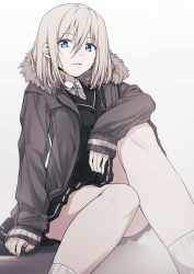 Rule 34 | 1girl, bad id, bad pixiv id, blouse, blue eyes, bow, buttons, coat, commentary, fur, grey coat, grey hair, hair between eyes, highres, hood, hood down, knee up, knees, legs, long sleeves, looking at viewer, original, pale skin, parted lips, redlammy, shirt, simple background, sitting, skirt, solo, white background, white legwear, zipper
