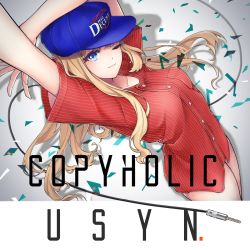 Rule 34 | 1girl, album cover, bad id, bad pixiv id, baseball cap, blue eyes, bottomless, breasts, brown hair, buttons, cabbie hat, cable, cover, hat, highres, light smile, long hair, medium breasts, megumoke, one eye closed, original, pinstripe pattern, short sleeves, solo, striped