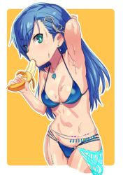 Rule 34 | 1girl, armpits, banana, blue hair, breasts, cleavage, earrings, eating, food, fruit, green eyes, hair ornament, jewelry, long hair, looking at viewer, maria traydor, medium breasts, navel, necklace, solo, star ocean, star ocean anamnesis, star ocean till the end of time, swimsuit, tenchisouha
