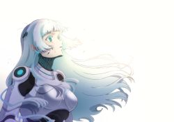 Rule 34 | 1girl, android, colored eyelashes, commentary request, crying, crying with eyes open, damaged, green eyes, hama takenaka, highres, long hair, original, parted lips, solo, tears, white background, white hair, wind, wind lift