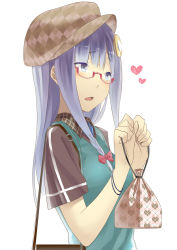 Rule 34 | 1girl, bad id, bad pixiv id, bespectacled, contemporary, crescent, crescent hair ornament, face, female focus, glasses, hair ornament, hat, heart, highres, ixi, long hair, patchouli knowledge, pouch, purple eyes, purple hair, solo, touhou