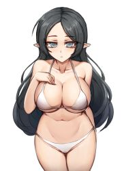 Rule 34 | 1girl, adele (maplestory), bare shoulders, bikini, bippew, black hair, blush, breast suppress, breasts, cleavage, collarbone, cowboy shot, grey eyes, highres, large breasts, long hair, looking at viewer, maplestory, navel, parted bangs, parted lips, pointy ears, simple background, solo, stomach, swimsuit, white background