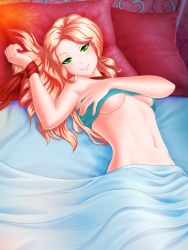Rule 34 | 1girl, abs, artist request, bare shoulders, bed, bed sheet, blonde hair, breasts, cleavage, closed mouth, collarbone, cowboy shot, date crush stories, game cg, green eyes, hand on breast, highres, indoors, kayla (date crush stories), long hair, looking at viewer, lying, midriff, navel, no bra, no panties, on back, on bed, pillow, quilt, scarf, scarf over breasts, smile, solo, stomach, underboob, wall