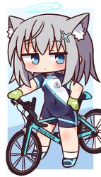 Rule 34 | 1girl, animal ear fluff, animal ears, bicycle, biker clothes, bikesuit, blue archive, blue background, blue eyes, blue footwear, blush, bodysuit, cat ears, chibi, closed mouth, clothes writing, covered navel, full body, gloves, green gloves, grey hair, groin, hair ornament, halo, hana kazari, hand on own hip, highres, long hair, looking at viewer, shiroko (blue archive), shiroko (cycling) (blue archive), shoes, short sleeves, socks, solo, standing, sweat, white socks