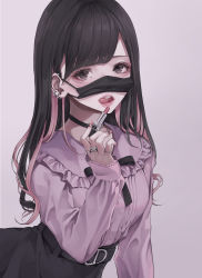 Rule 34 | 1girl, absurdres, barbell piercing, belt, black eyes, black hair, cosmetics, dress, ear piercing, grey background, highres, industrial piercing, jewelry, koh (minagi kou), licking lips, lipstick tube, long sleeves, looking at viewer, mask, mask lift, mole, mole under eye, mole under mouth, mouth mask, multicolored hair, nail polish, original, piercing, pink nails, ring, simple background, solo, streaked hair, surgical mask, tongue, tongue out, upper body