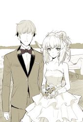 Rule 34 | 10s, 1boy, 1girl, arms at sides, bare arms, bare shoulders, blush, bouquet, brown theme, cowboy shot, dress, faceless, faceless male, flower, formal, girls und panzer, gloves, greyscale, hair up, highres, holding, holding bouquet, itsumi erika, ladic, monochrome, original, outdoors, plain, sidelocks, smile, standing, suit, wedding dress