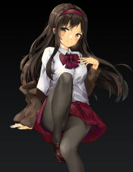 Rule 34 | 1girl, absurdres, black background, black hair, black pantyhose, blazer, bow, bowtie, brown eyes, gradient background, hairband, highres, jacket, loafers, long hair, original, pantyhose, ren (gh), revision, school uniform, shoes, skirt, smile, solo